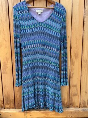 Vtg Express Tricot Knit Chevron Mini Dress Blue Green Bell Sleeve L